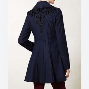Anthropologie Karelia Navy Coat by Elevenses with Black Velvet Embroidery